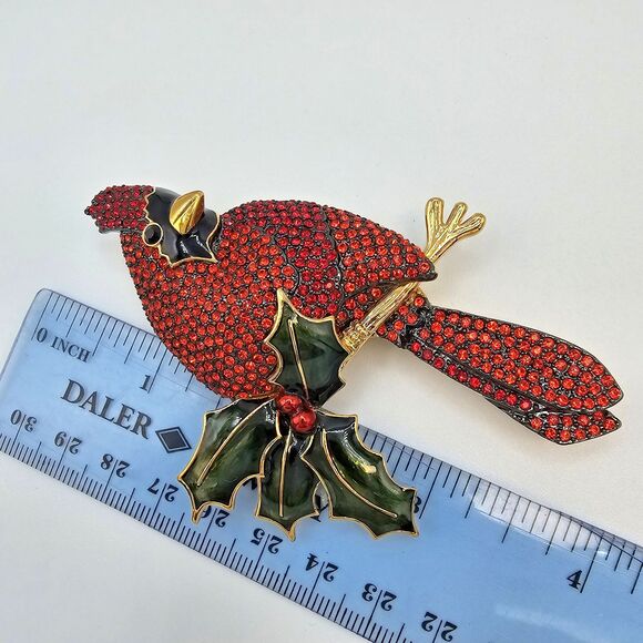 Joan Rivers Cardinal Brooch Vtg Pave Crystal Bird Enamel Holly Holiday Winter - Picture 11 of 14